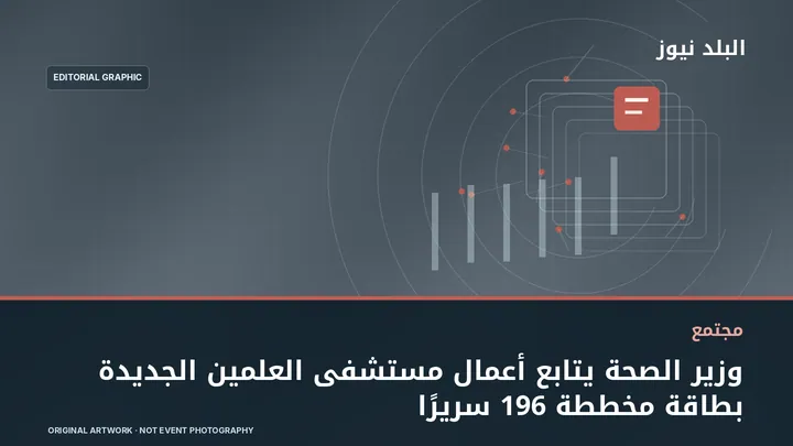 تصميم تحريري توضيحي مرتبط بموضوع: وزير الصحة يتابع أعمال مستشفى العلمين الجديدة بطاقة مخططة 196 سريرًا