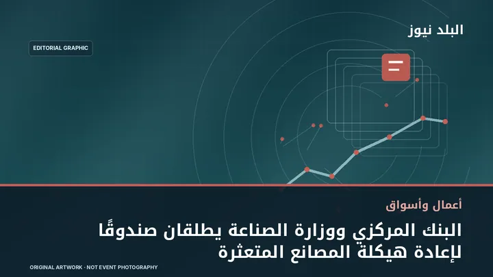 تصميم تحريري توضيحي مرتبط بموضوع: البنك المركزي ووزارة الصناعة يطلقان صندوقًا لإعادة هيكلة المصانع المتعثرة