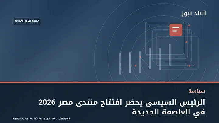 تصميم تحريري توضيحي مرتبط بموضوع: الرئيس السيسي يحضر افتتاح منتدى مصر 2026 في العاصمة الجديدة