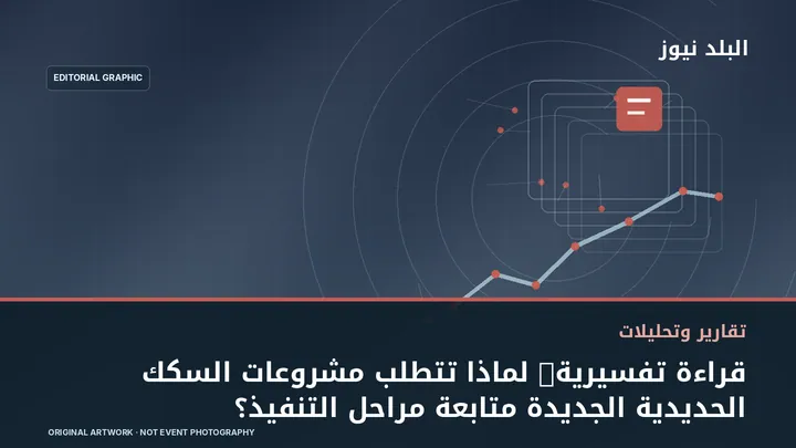 تصميم تحريري توضيحي مرتبط بموضوع: قراءة تفسيرية: لماذا تتطلب مشروعات السكك الحديدية الجديدة متابعة مراحل التنفيذ؟
