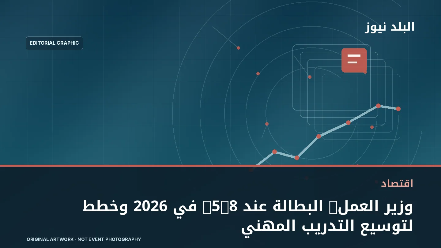 تصميم تحريري توضيحي مرتبط بموضوع: وزير العمل: البطالة عند 5.8% في 2026 وخطط لتوسيع التدريب المهني